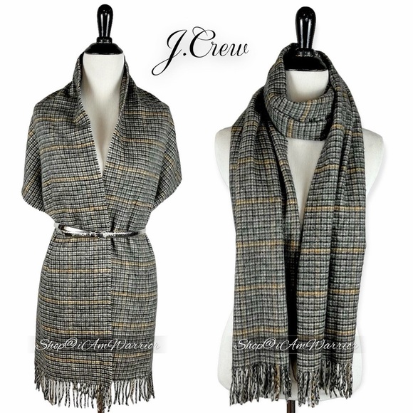 J.Crew RARE 100% cashmere Scottish houndstooth plaid long scarf with fringe - Picture 4 of 9